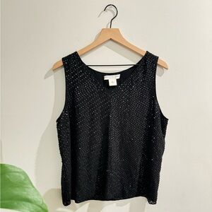 VINTAGE 100% SILK BLACK BEDAZZLED SLEEVELESS TOP SIZE 14